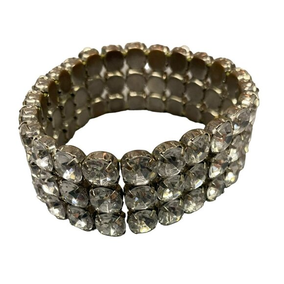 Vintage MCM Silver tone Rhinestone Bracelets, one with Flower and Faux Pearls - Picture 9 of 11